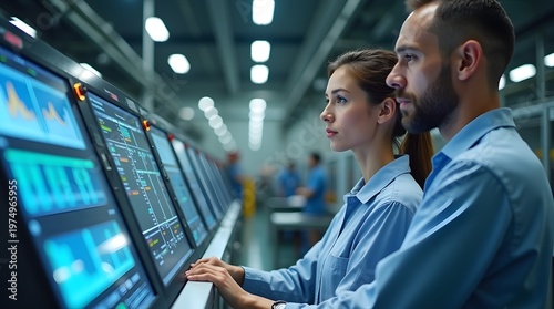 Professionals Analyzing Data on Monitors in an Industrial Workspace Dedicated to Technology