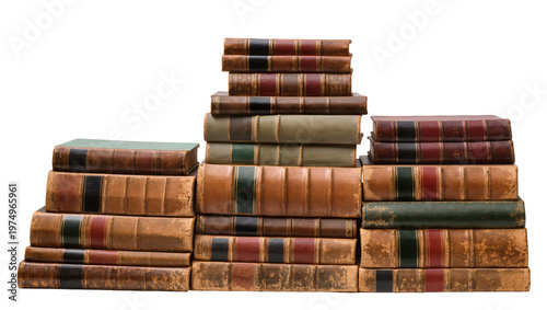 Canvas Print Isolated stack of ancient worn leatherbound books arranged as an old historical