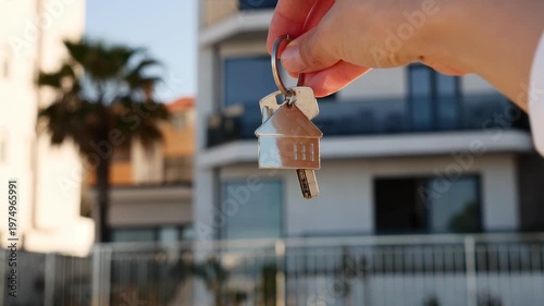 Hand holding house key with keychain in front of modern luxury apartment building, real estate investment and homeownership concept.