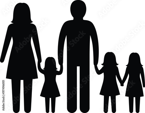 Family silhouette parents with two children, happy people holding hands, parenting care concept, social relationship vector, black isolated illustration design