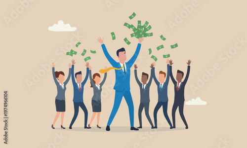 Success wealthy, FED stimulus monetary policy concept, happy businessman millionaire throw out pile of money banknotes flying into the air