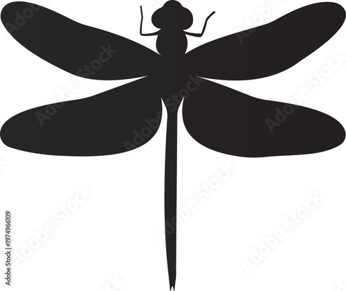 Detailed black dragonfly silhouette with wings and antennae on background