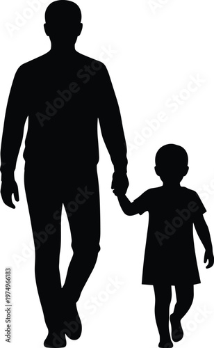 Father and child silhouette walking, parent holding kid hand, family love concept, people vector, black isolated illustration design