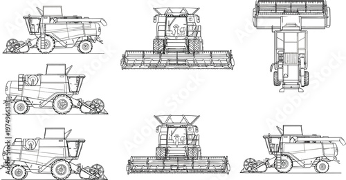Detailed black and white outline vector illustration of a modern combine harvester showing multiple angles including front, side, and top aerial views