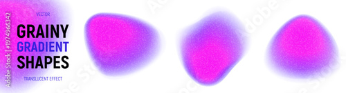 Grainy color gradient splashes collection. Vibrant vector shapes with blur edges, iridescent gradient and grainy texture. Bright acid neon gradient shapes isolated on light background.