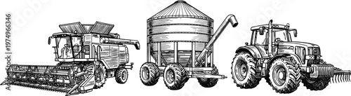 Detailed black and white sketch of farm machinery, including a combine harvester, grain cart with silo, and agricultural tractor for rural harvest concepts