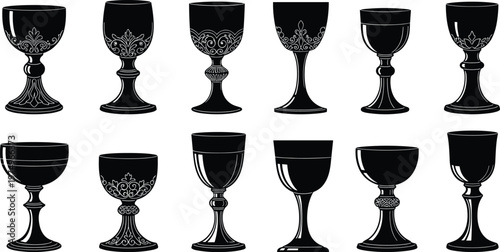 Goblet glass silhouette collection, vintage wine cups set, decorative chalice shapes vector, bar drinkware illustration, black isolated design elements