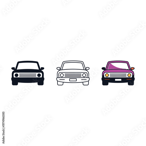Three stylized front views of vintage automobiles in varying colors