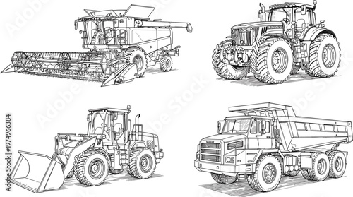 Detailed black outline sketch set featuring a modern combine harvester, heavy duty tractor, front end wheel loader, and industrial dump truck machinery