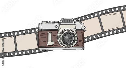 Vintage film camera with blank filmstrip illustration.