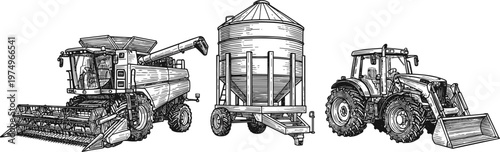 Vintage hand drawn woodcut style vector illustration of a heavy harvester combine, grain silo trailer, and industrial tractor loader for agricultural farming design