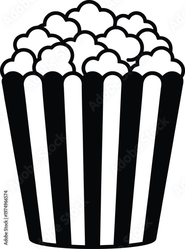 Popcorn bucket illustration featuring a classic striped container overflowing with fluffy kernels, ideal for cinema snacks, movie night graphics, and theater icons.