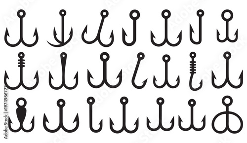 Minimal fishing hooks set in line art style for outdoor recreation design