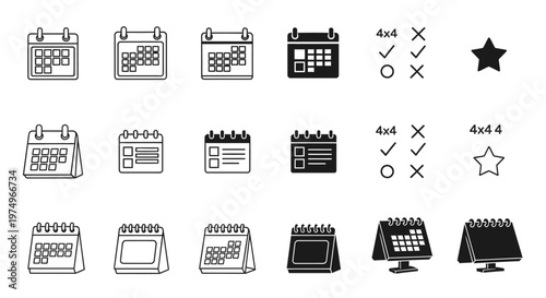 Set of calendar icons in outline and filled styles, with checkmarks and stars