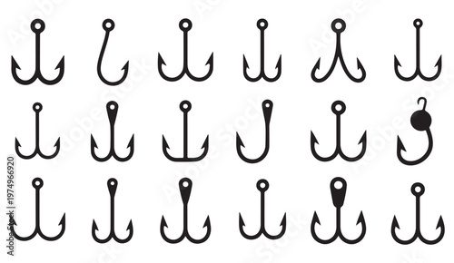 Fishing hook icon collection with tackle and angling equipment symbols