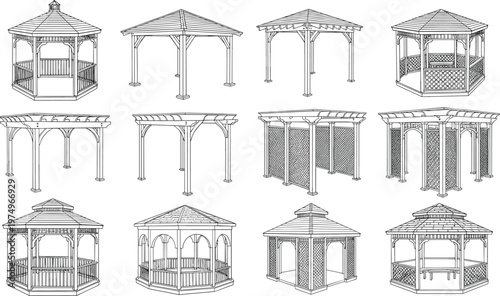 Architectural line drawings of gazebos, pergolas, and pavilions, outdoor garden structures with varied roof styles, columns, lattice panels