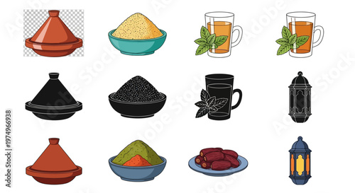 Ramadan Islamic Icons Featuring Food, Drinks, and Lanterns for Festive Celebrations