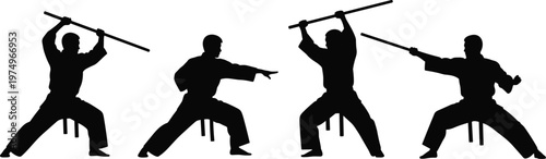 Martial arts silhouette set with staff weapon, kung fu fighter poses collection, combat training vector, traditional warrior illustration isolated design