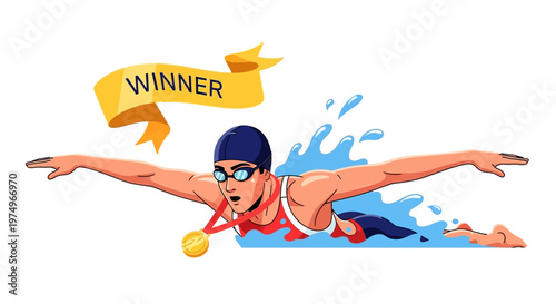 Vector illustration of a swimmer winning a race with a gold medal