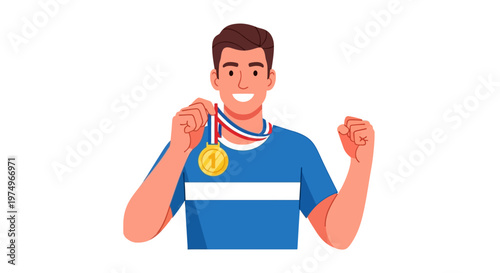 Happy athlete celebrating victory with gold medal in hand