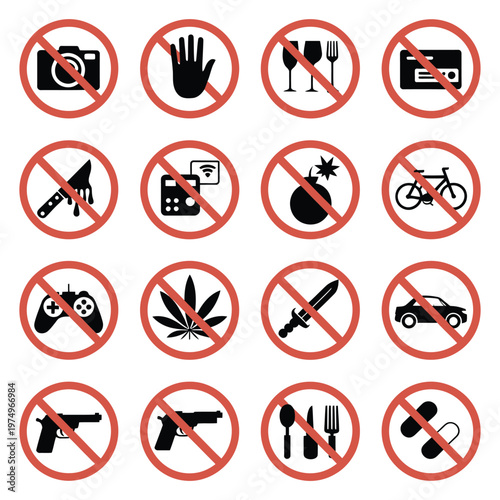 Prohibited items and activities a collection of red circle and slash signs