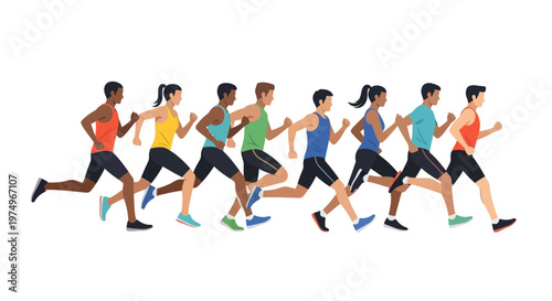 Group of diverse runners jogging together in flat vector style