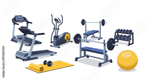 Home gym equipment set with treadmill, weights, and exercise ball