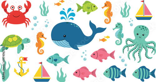 Ocean and Marine Life Vector Set with Whale, Seahorses, Fish, Crab, Turtle, and Sailing Boat for Underwater, Nautical, and Children’s Designs