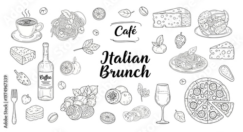Hand Drawn Italian Cafe Brunch Menu Sketch Set Espresso Coffee Limoncello Pastry and Antipasti Vector Elements