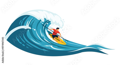 Illustration of a kayaker riding a large ocean wave