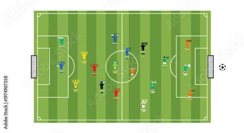 Vector illustration of soccer field with players in formation