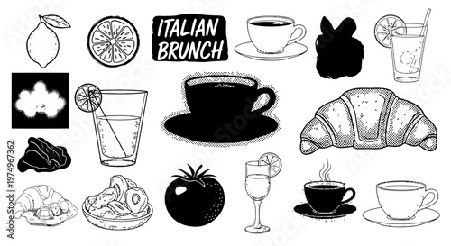 Black and White Hand Drawn Italian Brunch Food and Beverage Vector Sketch Collection featuring Espresso and Pastries