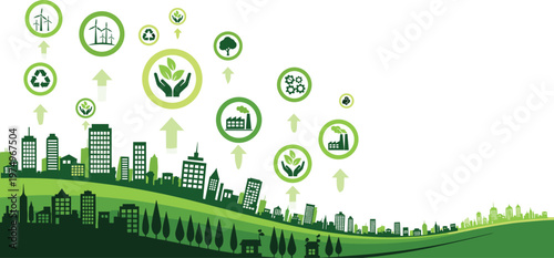 Green smart city sustainability concept with renewable energy recycling eco icons urban skyline and environmental protection illustration