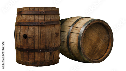 Isolated a pair of vintage wooden barrels, one standing vertically and one horizontally.