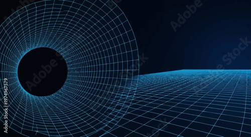 Dynamic Digital Vortex Conceptual Journey Through a Wireframe Black Hole in an Abstract Cybernetic Space Grid