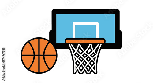 Basketball and hoop icon with backboard on white background
