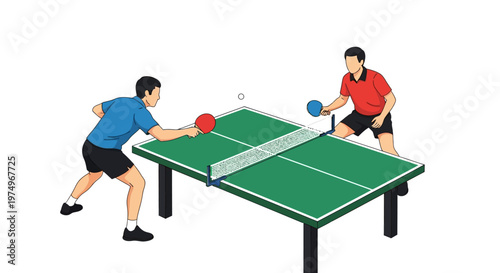Two men playing table tennis on a green ping pong table