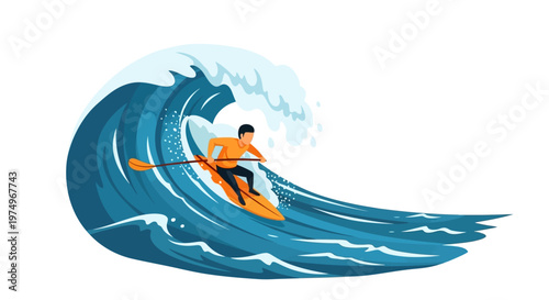 Illustration of man surfing a large ocean wave with a paddle
