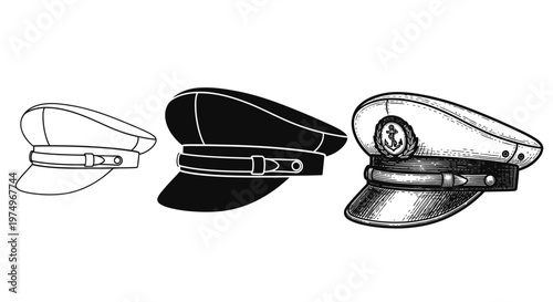 Diverse vector collection of peaked caps, including outline, silhouette, and detailed vintage officer and naval uniform designs for graphic projects and attire themes
