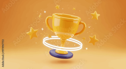 Golden trophy with stars and glowing ring, symbolizing achievement and victory in a celebratory ambiance