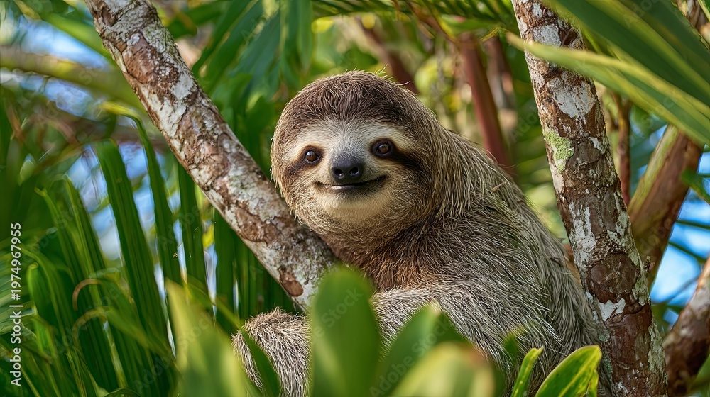 Fototapeta premium A sloth resting on a tree branch, a tropical animal 