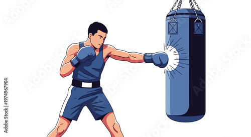 Boxer training with punching bag in dynamic vector illustration