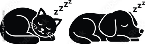 Sleeping cat and dog silhouette, cute pets resting icons, animal nap concept, cartoon vector illustration, black isolated design