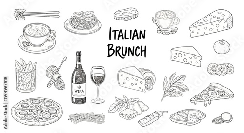 Hand Drawn Italian Brunch Vector Set: Pizza Pasta and Coffee Illustrations