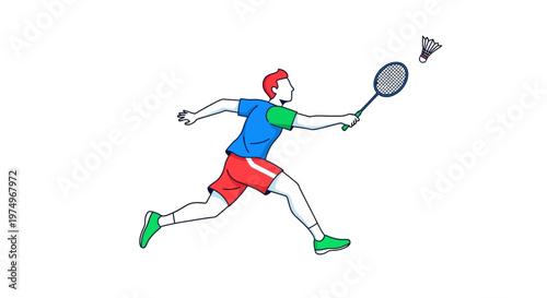Illustration of a Badminton Player in Action with Racket and Shuttlecock