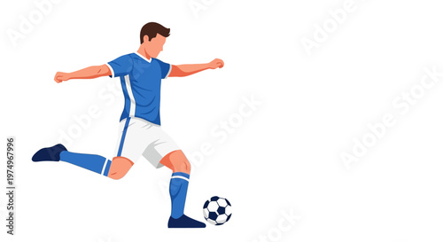 Soccer player in blue uniform kicking a ball on white background
