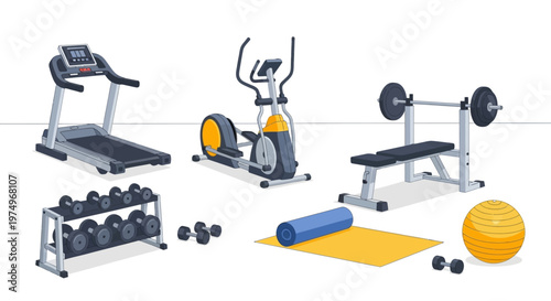 Home gym equipment set with treadmill, weights, and exercise mat