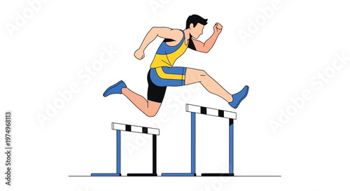 Athlete jumping over hurdles in competitive track event illustration
