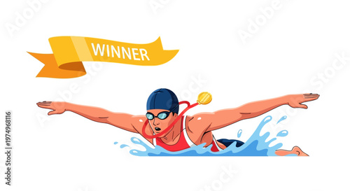 Illustration of a Competitive Swimmer with Winner Ribbon