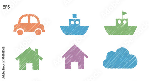 Playful Hand Drawn Doodle Icons with Scribbled Cars Boats Houses and Clouds Vector Set
